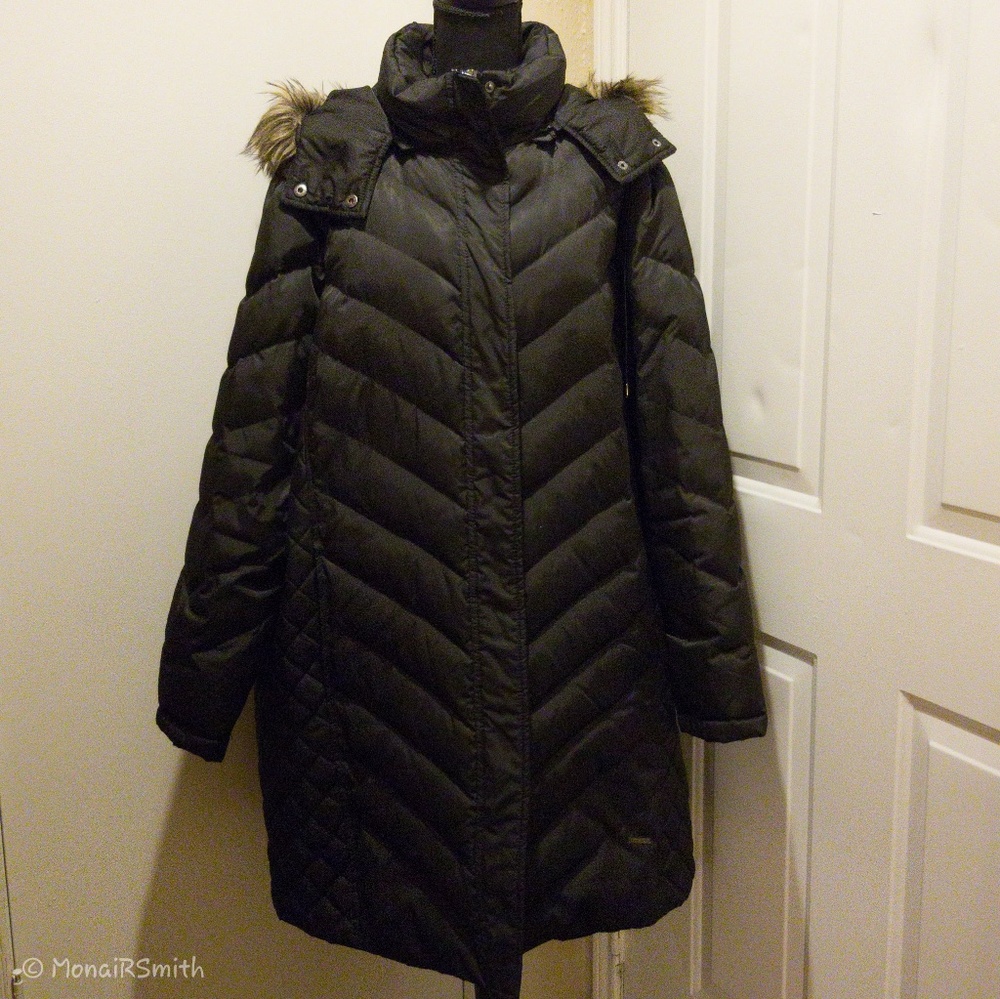 Hooded Faux- Fur-Trim Chevron Puffer Coat